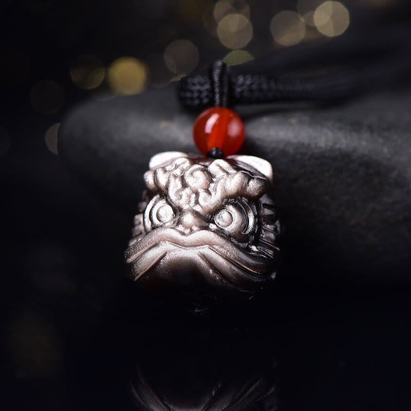 Buddha Stones Natural Silver Sheen Obsidian Dancing Lion Protection Necklace Pendant - image 1