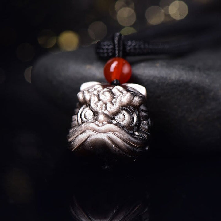 Buddha Stones Natural Silver Sheen Obsidian Dancing Lion Protection Necklace Pendant - image 1