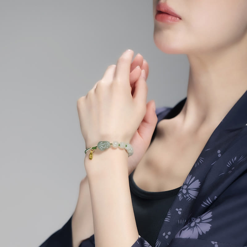 Buddha Stones Natural Hetian Jade PiXiu Luck Fu Character String Bracelet - image 6