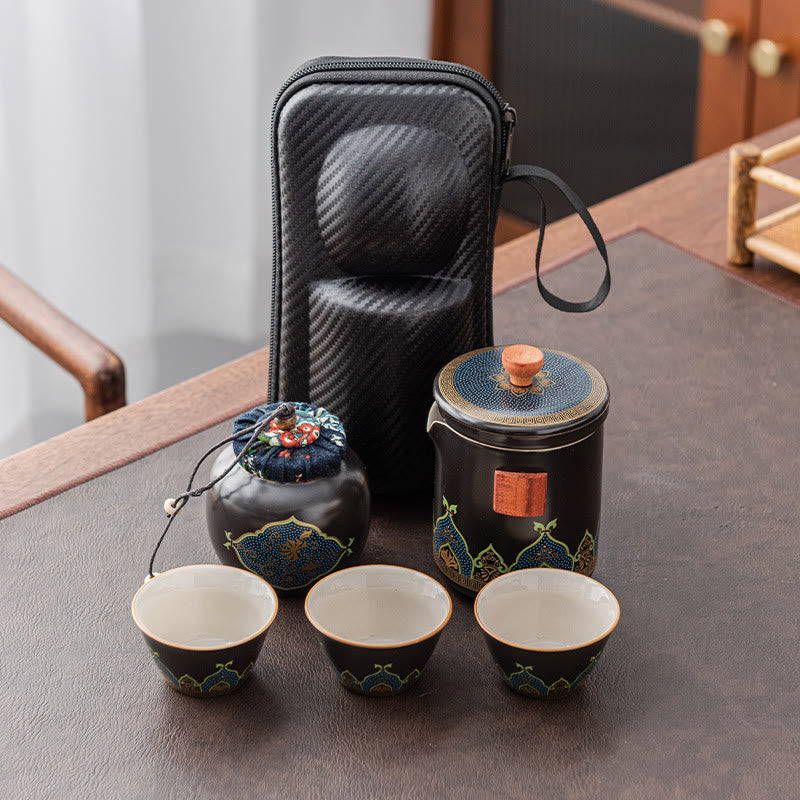 Buddha Stones Flower Chinese Gongfu Ceramic Teapot Portable Outdoor Travel Tea Set Bag - Black - 1 Teapot+3 Cups+1 Small Bag+1 Tea Can - image 21