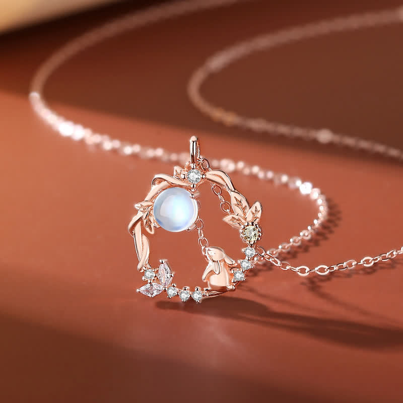 925 Sterling Silver Year of the Rabbit Moonstone Moon Flower Pattern Necklace Pendant Bracelet Earrings - Necklace - Rose Gold - image 0