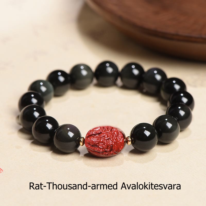 Buddha Stones Chinese Zodiac Natal Buddha Natural Black Obsidian Cinnabar Purification Bracelet - 12mm - Rat-Thousand-armed Avalokitesvara(Wrist Circumference 14-17cm) - image 26