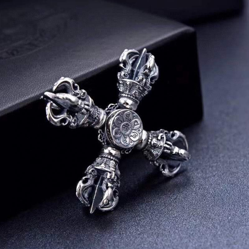 Buddha Stones Tibetan 925 Sterling Silver Double Dorje Vajra Engraved Spiritual Power Pendant - image 1