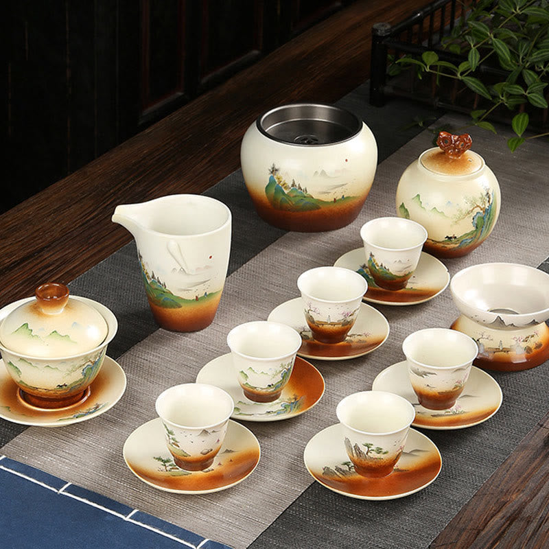 Buddha Stones Mountain Landscape Countryside Ceramic Gaiwan Sancai Teacup Kung Fu Tea Cup And Saucer With Lid - image 7