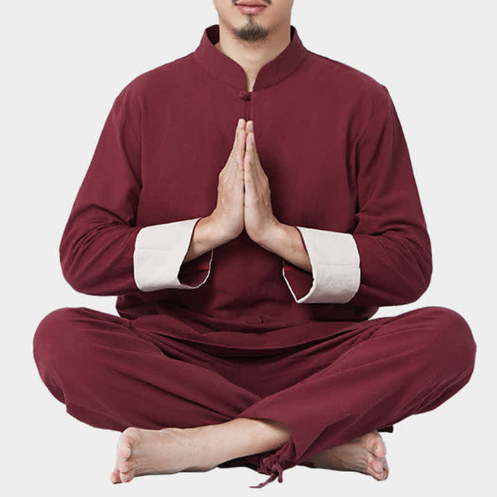 Buddha Stones Spiritual Zen Meditation Yoga Prayer Practice Cotton Linen Clothing Men's Set - Wine Red - US/UK/AU44，EU54 (3XL) - image 0