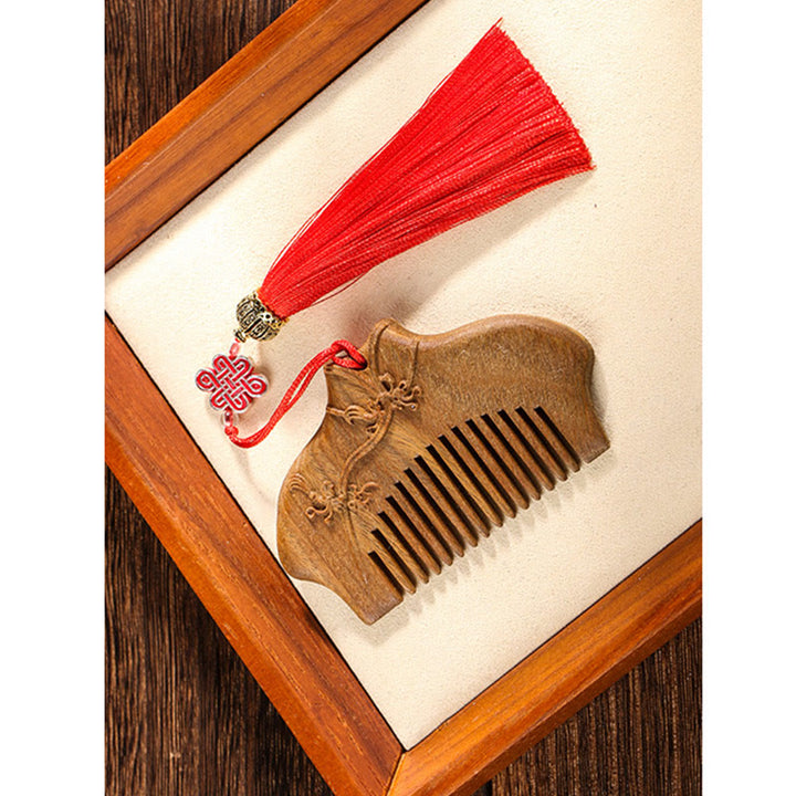 Buddha Stones Green Sandalwood Flower Pattern Engraved Soothing Comb - image 11