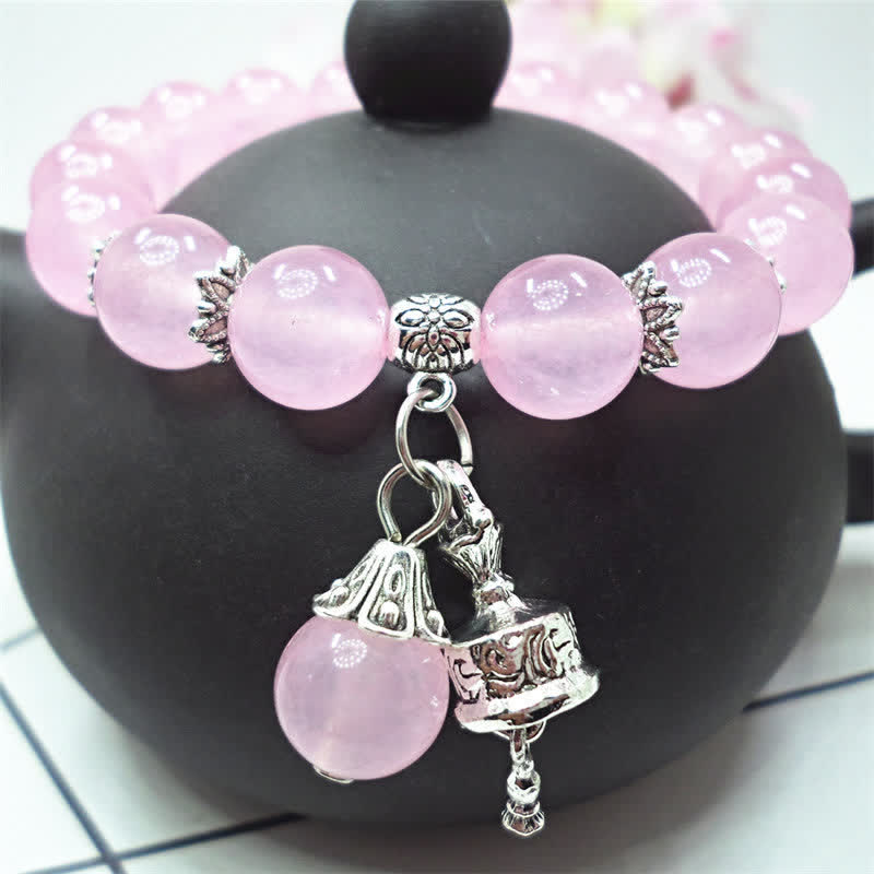Buddha Stones Vintage Crystal Chalcedony Stone Energy Beaded Bell Charm Bracelet - image 7