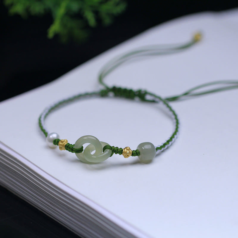 Buddha Stones 925 Sterling Silver Hetian Jade Double Peace Buckle Luck Braided Bracelet - image 3