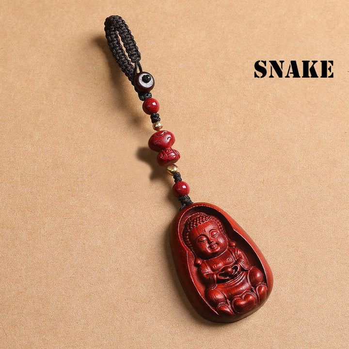 Buddha Stones Small Leaf Red Sandalwood Buddha Cinnabar Chinese Zodiac Amulet Protection Key Chain - Snake - image 19