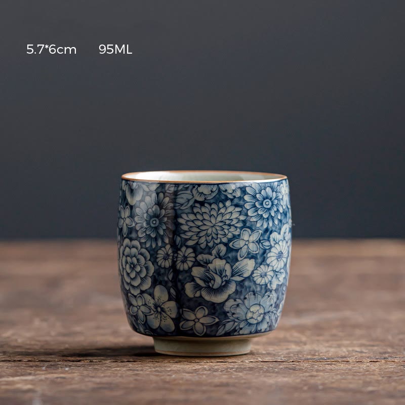 Buddha Stones Blue Lotus Peach Blossom Chrysanthemum Design Ceramic Teacup Kung Fu Tea Cups - 5.7cm*6cm*95ml - image 7