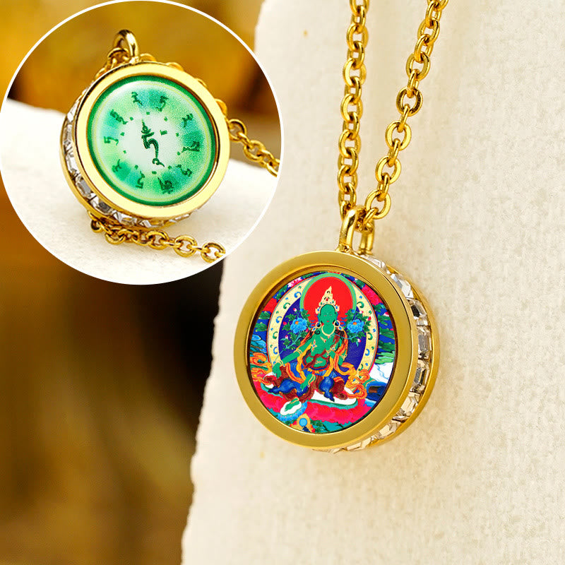 Buddha Stones Tibetan Yellow God Of Wealth Green Tara Buddha Serenity Titanium Steel Necklace Pendant - Front Green Tara Back Mantra - image 12