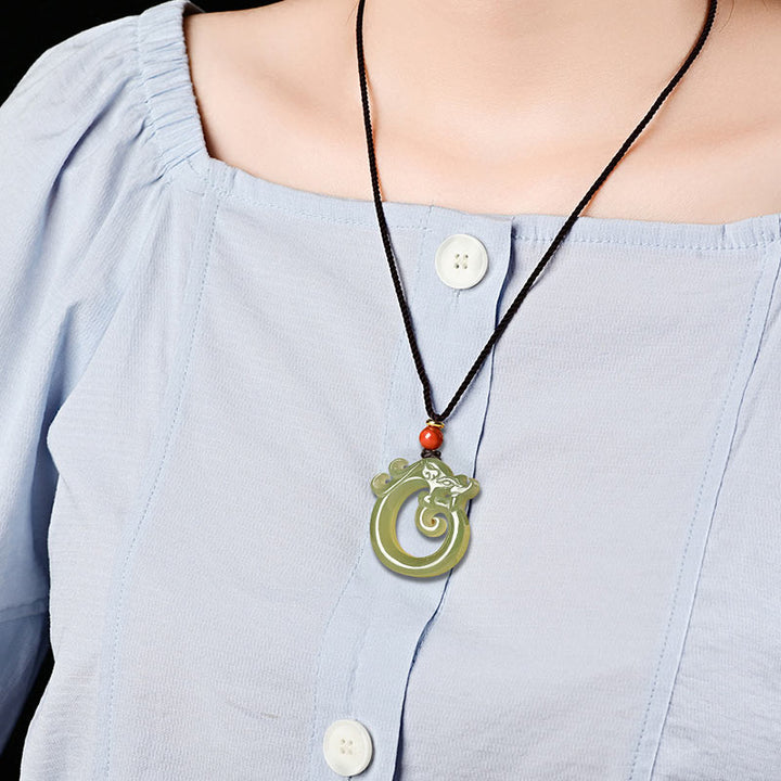 Buddha Stones White Jade Cyan Jade Dragon Protection Necklace String Pendant - image 2