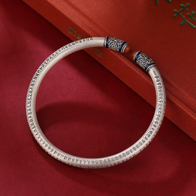 Buddha Stones 999 Sterling Silver Heart Sutra Engraved Red Agate Protection Bracelet Bangle - 18cm(Adjustable) - image 0