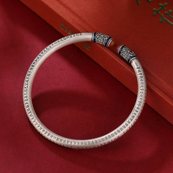 Buddha Stones 999 Sterling Silver Heart Sutra Engraved Red Agate Protection Bracelet Bangle - 18cm(Adjustable) - image 0