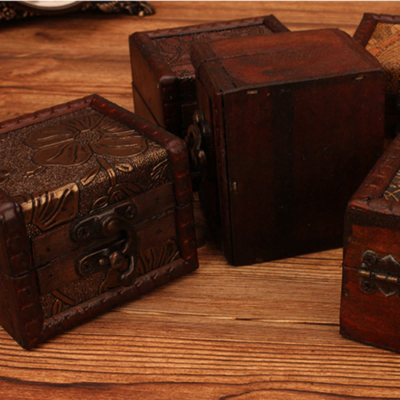 Buddha Stones Retro Small Square Wood Jewelry Box Lotus Grass Flower Grape Copper Coin Daffodil Jewelry Storage Box - image 4