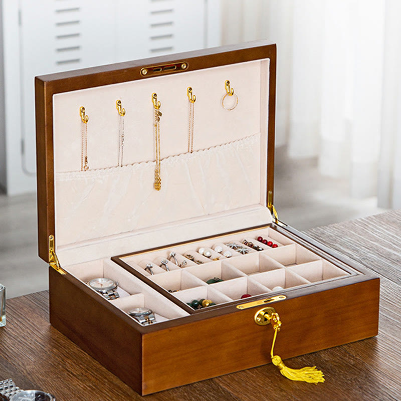 Buddha Stones Vintage Wooden Jewelry Box Two-Layer Solid Wood Jewelry Storage Box - image 1