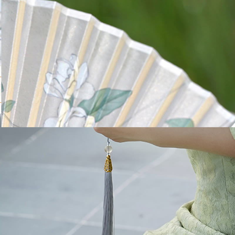 Buddha Stones Jasmine Flowers Handheld Bamboo Folding Fan - image 7