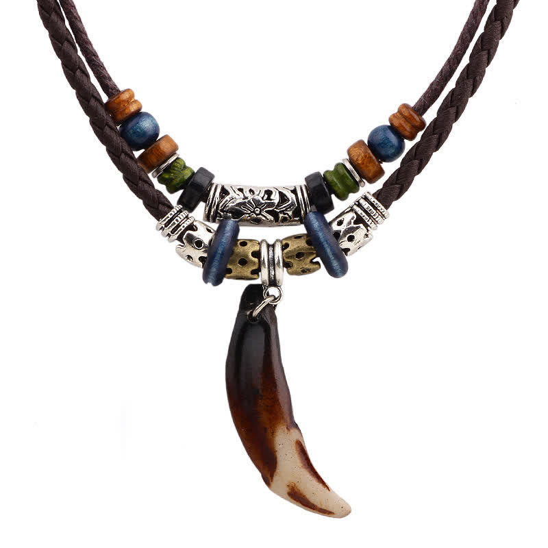 Ethnic Wolf Tooth Pattern Beads Wealth Necklace Pendant - Brown - image 0