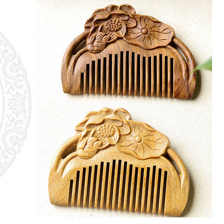 Natural Green Sandalwood Lotus Flower Leaf Engraved Soothing Comb - image 8