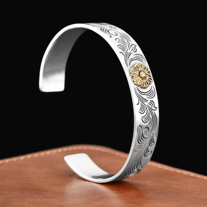 Buddha Stones Tang Dynasty Flower Design Rose Flower Feather Carved Copper Luck Bracelet Bangle - image 1