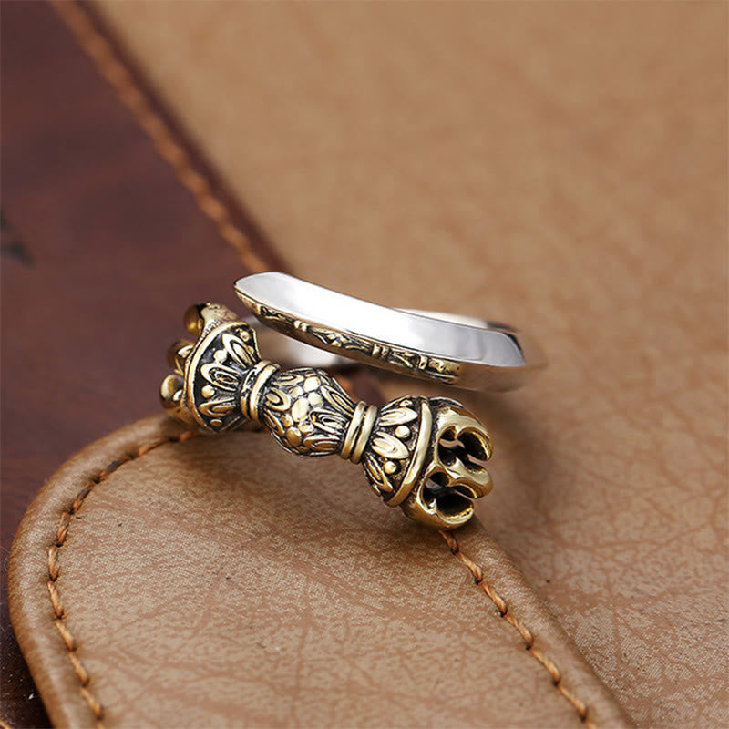 Buddha Stones Tibetan Dorje Vajra Engraved Design Copper Luck Wealth Adjustable Ring - image 1