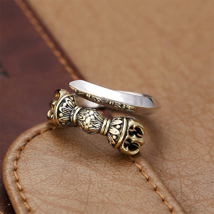 Buddha Stones Tibetan Dorje Vajra Engraved Design Copper Luck Wealth Adjustable Ring - image 1