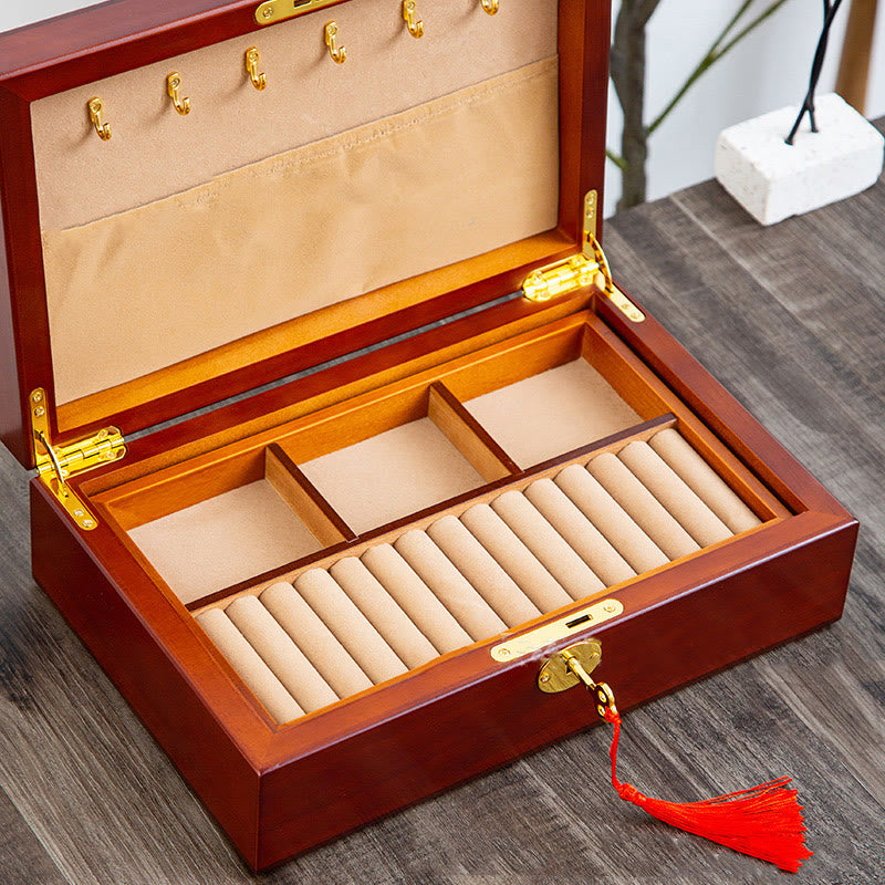 Buddha Stones Vintage Wooden Jewelry Box Two-Layer Solid Wood Jewelry Storage Box - image 21