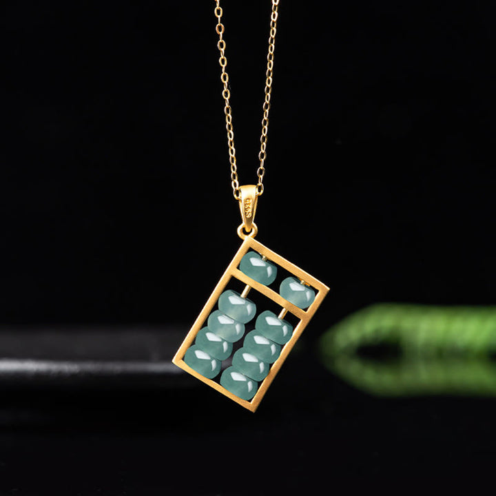Buddha Stones 925 Sterling Silver Natural Jade Abacus Pattern Abundance Necklace Pendant - image 3