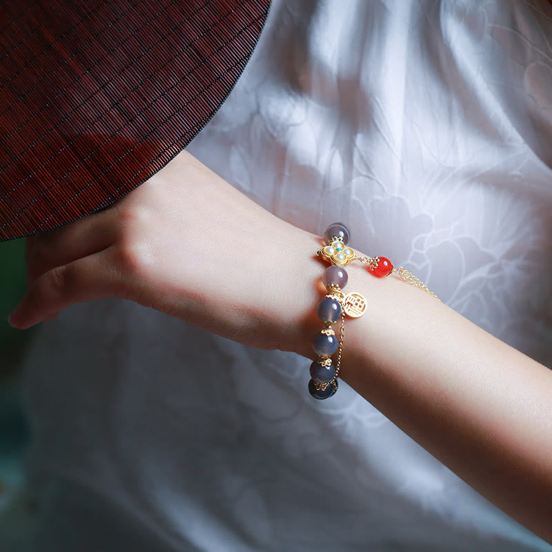 Buddha Stones Natural Gray Agate Fu Character Pearl Tassel Balance Bracelet - image 15