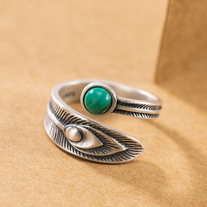 Buddha Stones 925 Sterling Silver Malachite Bead Feather Protection Ring - image 1