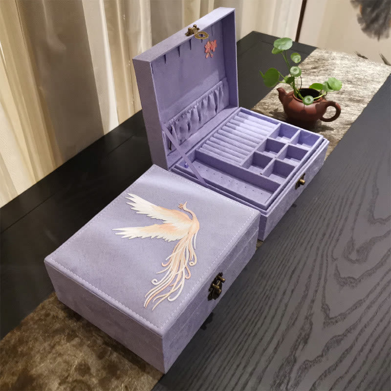 Buddha Stones Purple Phoenix Jewelry Box Organizer Two-Layer Jewelry Storage Box Flannel Box - Phoenix 23cm*19cm*9cm - image 0