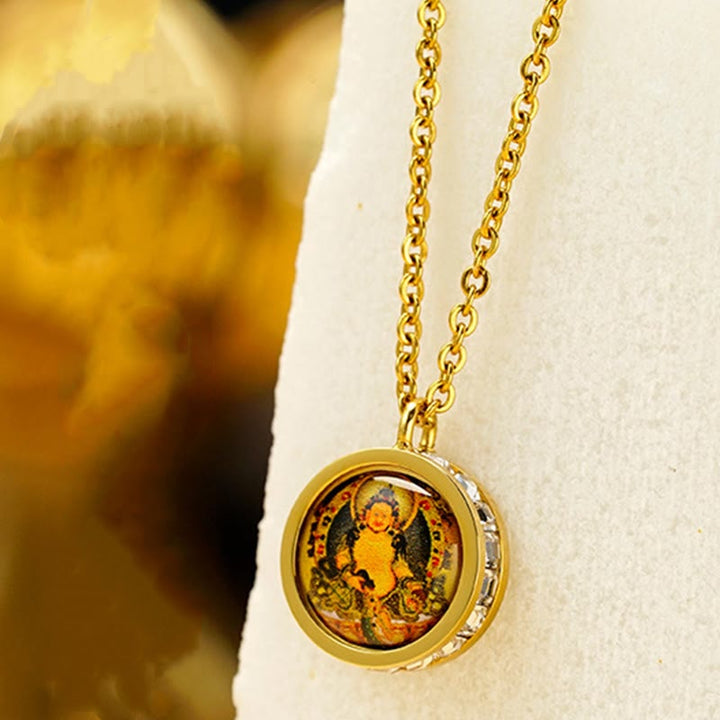 Buddha Stones Tibetan Yellow God Of Wealth Green Tara Buddha Serenity Titanium Steel Necklace Pendant - image 4