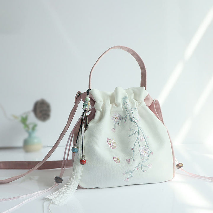 Buddha Stones Handmade Embroidered Flowers Canvas Tote Shoulder Bag Handbag - Pink White Cherry Blossom - image 23