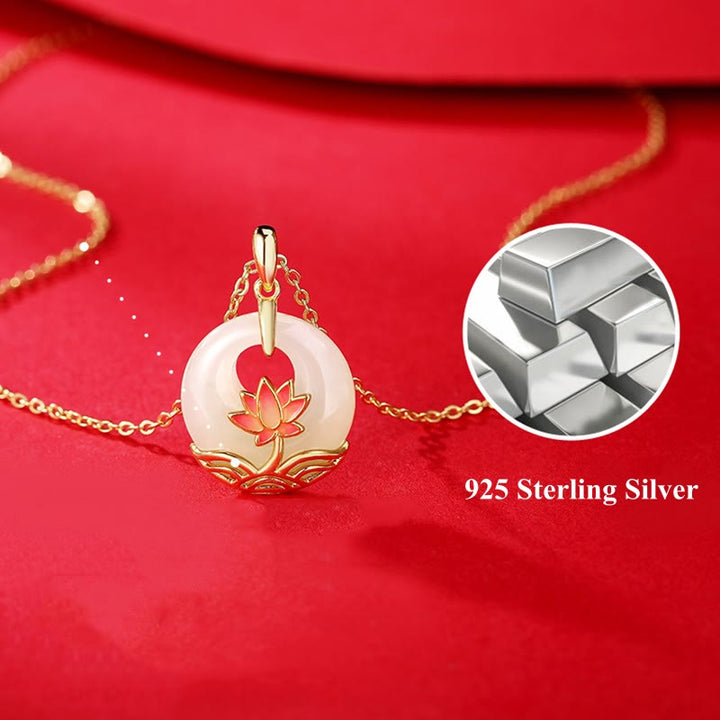 Buddha Stones 925 Sterling Silver Hetian White Jade Lotus Flower Blessing Necklace Pendant - image 8