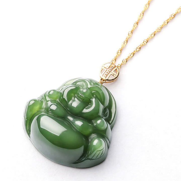 Buddha Stones 925 Sterling Silver Laughing Buddha Hetian Cyan Jade 18K Gold Success Necklace Chain Pendant - image 11