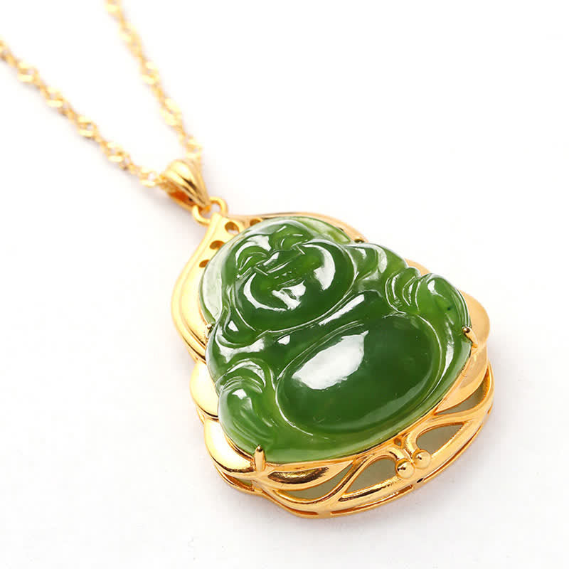 Buddha Stones 925 Sterling Silver Natural Hetian Cyan Jade Laughing Buddha 18K Gold Healing Necklace Chain Pendant - image 9