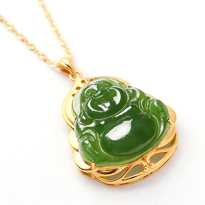 Buddha Stones 925 Sterling Silver Natural Hetian Cyan Jade Laughing Buddha 18K Gold Healing Necklace Chain Pendant - image 9