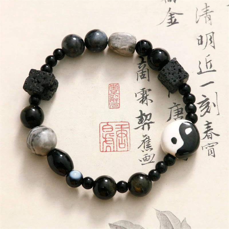 Buddha Stones Black Onyx Picasso Jasper Bead Yin Yang Fortune Protection Bracelet - image 1