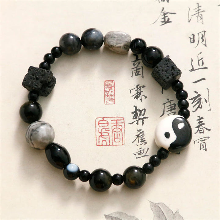 Buddha Stones Black Onyx Picasso Jasper Bead Yin Yang Fortune Protection Bracelet - image 1