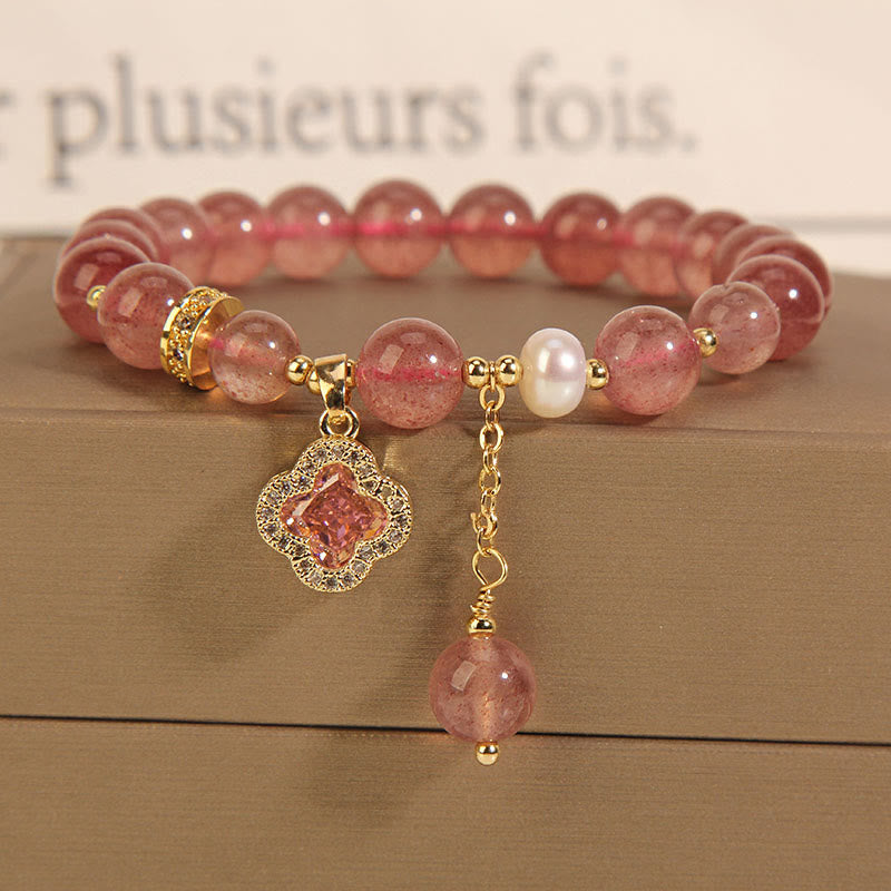 Buddha Stones Strawberry Quartz Pearl Four Leaf Clover Charm Healing Bracelet - Strawberry Quartz(Love♥Healing) - image 0