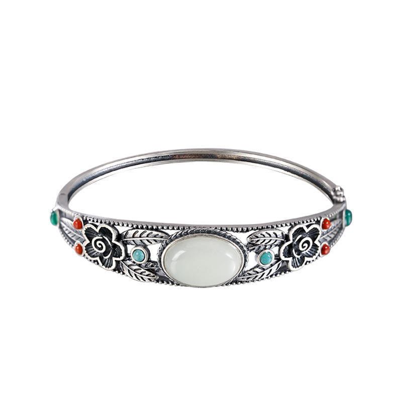 Buddha Stones Cyan Jade White Jade Flower Leaf Harmony Luck Bracelet Bangle - image 12