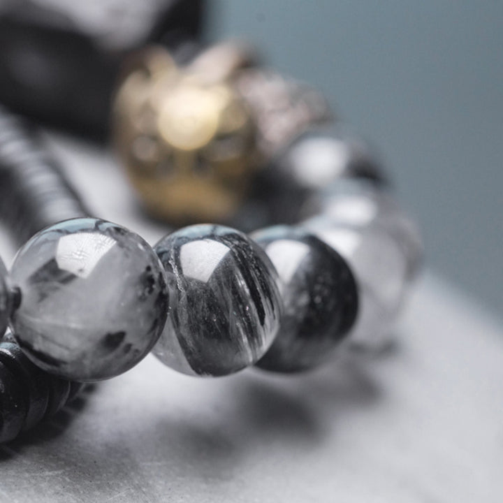 Buddha Stones Black Rutilated Quartz Ebony Wood Copper Wisdom Couple Bracelet - image 8