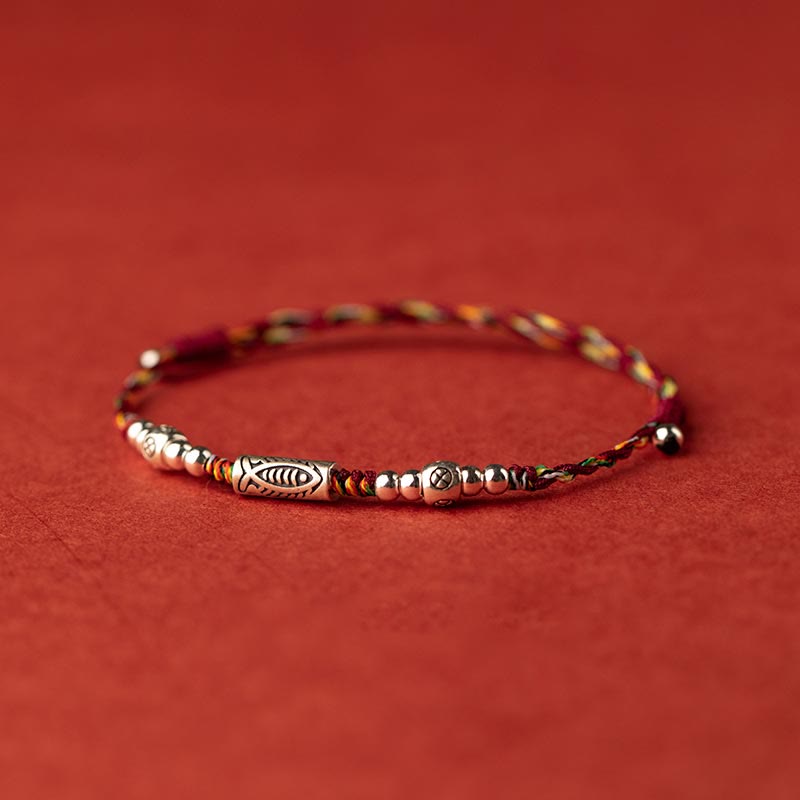 Buddha Stones 925 Sterling Silver Luck Koi Fish Braided Colorful String Bracelet Anklet - image 1