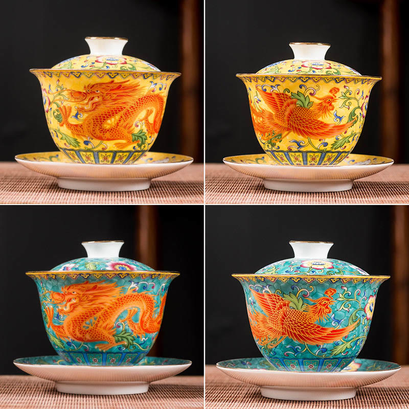 Buddha Stones Dragon Phoenix Flower Design Ceramic Gaiwan Sancai Teacup Kung Fu Tea Cup And Saucer With Lid - image 12