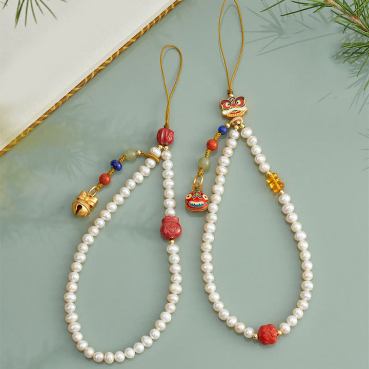 Buddha Stones Natural Pearl Cinnabar Money Bag Bell Gold Swallowing Beast Dancing Lion Healing Phone Hanging Decoration - image 11