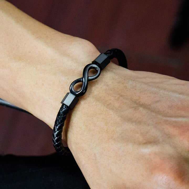 Buddha Stones Endless Knot Titanium Steel Infinity Leather Weave Balance Bracelet - image 5