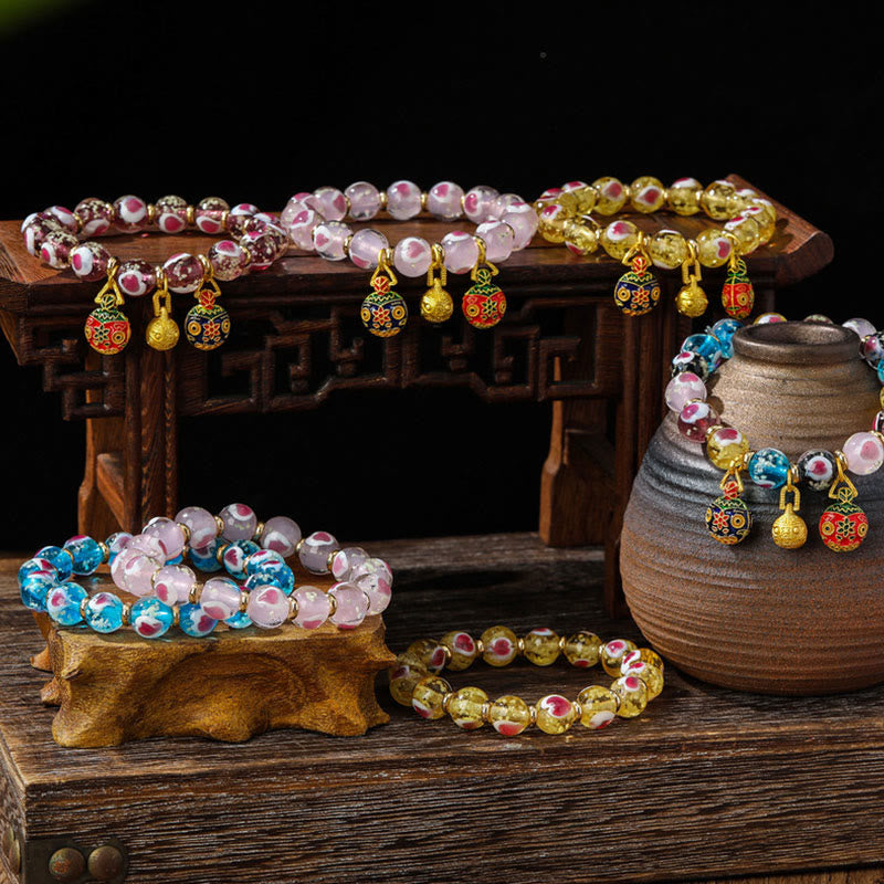Buddha Stones Gold Swallowing Beast Family Pink Love Heart Luminous Fluorescent Liuli Glass Bead Bracelet - image 23
