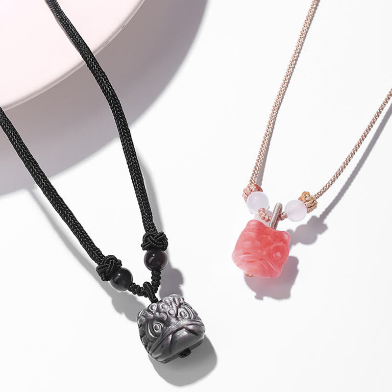 Buddha Stones Natural Silver Sheen Obsidian Red Agate Dancing Lion Protection Necklace Pendant - image 1