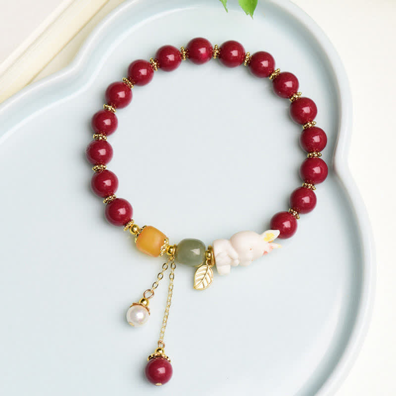 Buddha Stones Year of the Rabbit Cinnabar Hetian Jade Bunny Beaded Blessing Bracelet - image 8