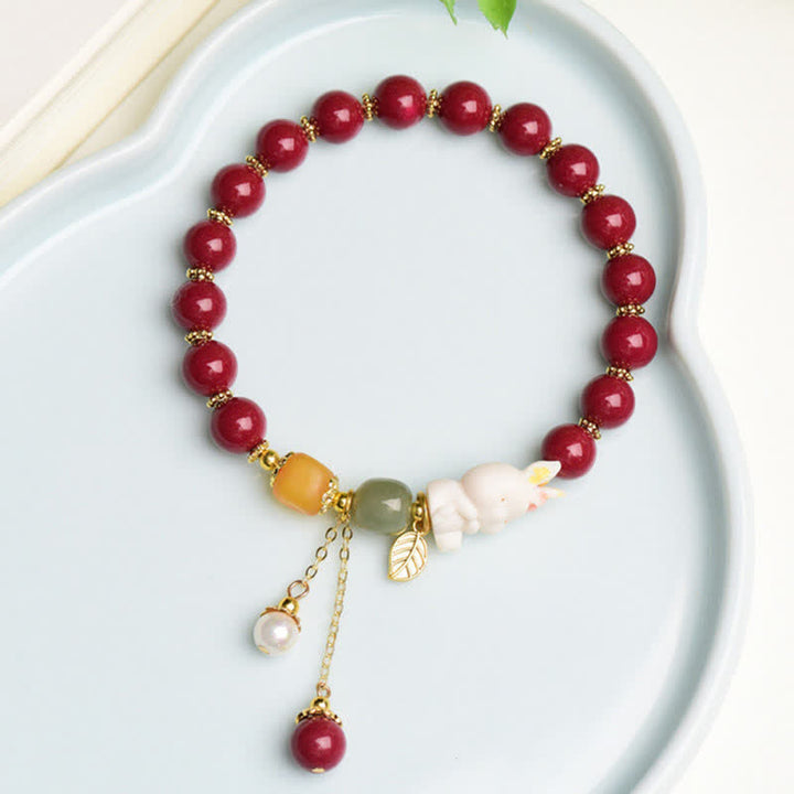 Buddha Stones Year of the Rabbit Cinnabar Hetian Jade Bunny Beaded Blessing Bracelet - image 8